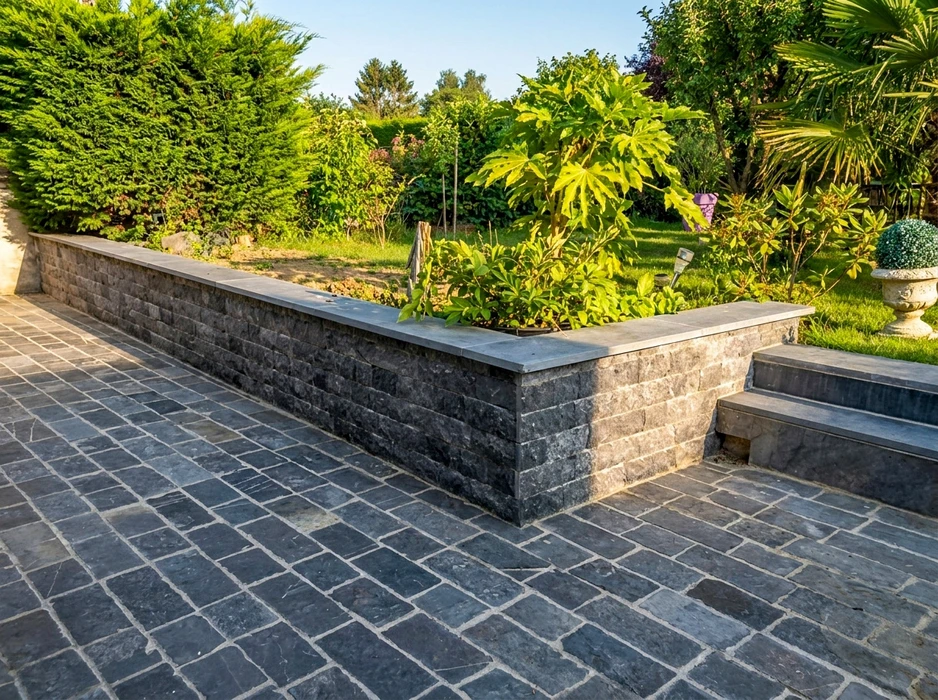 Jardin résidentiel avec clôture moderne en panneaux composite gris anthracite et poteaux métalliques noirs