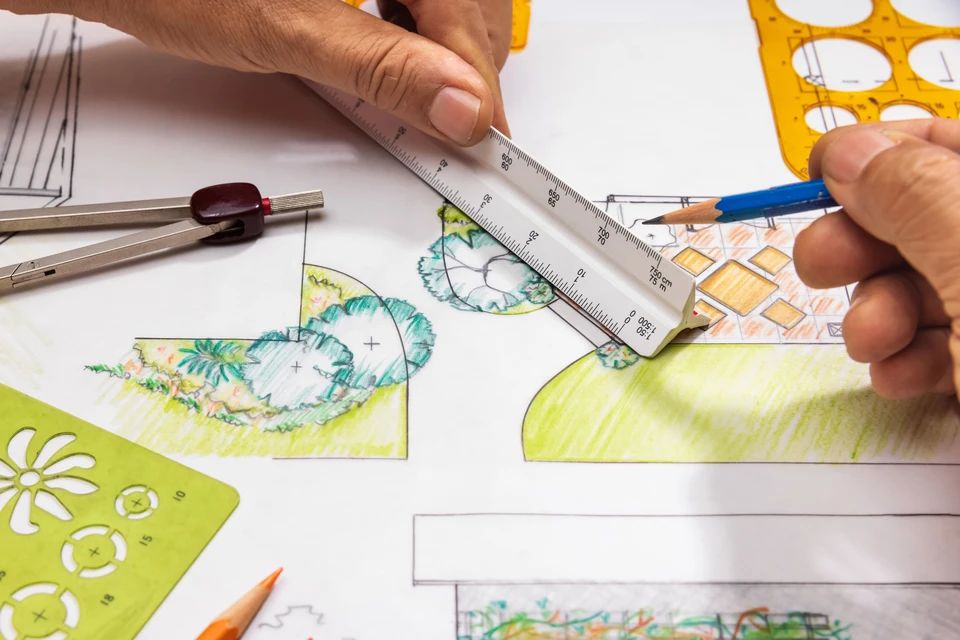 Jardin japonais extérieur avec bonsaïs et conifères nains sculptés, rochers naturels disposés harmonieusement, végétation dense en arrière-plan